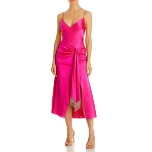 Cinq a Sept Dress 14 Hot Pink Slip Midi Silk Rhinestone Kalena Wedding Guest